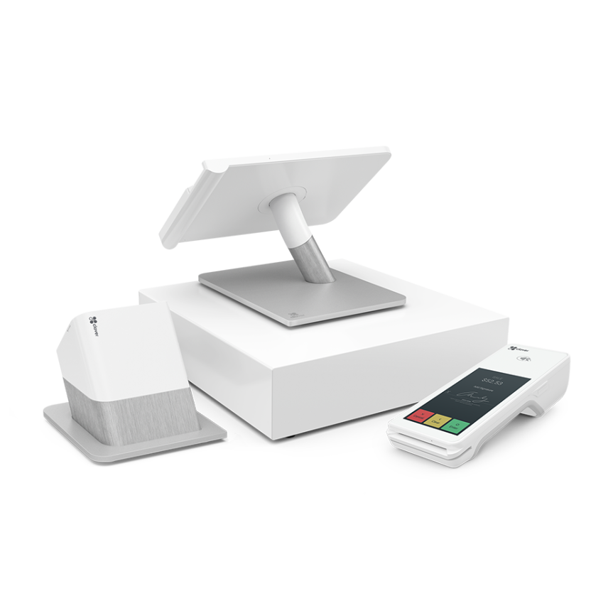 Image of Clover POS terminal, cash drawer, receipt printer, and card swiper