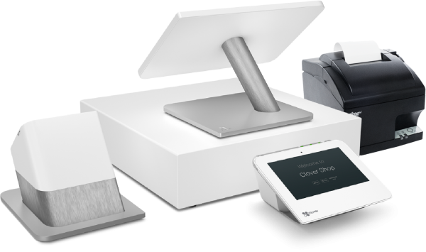 Image of Clover POS terminal, cash drawer, receipt printer, and card swiper